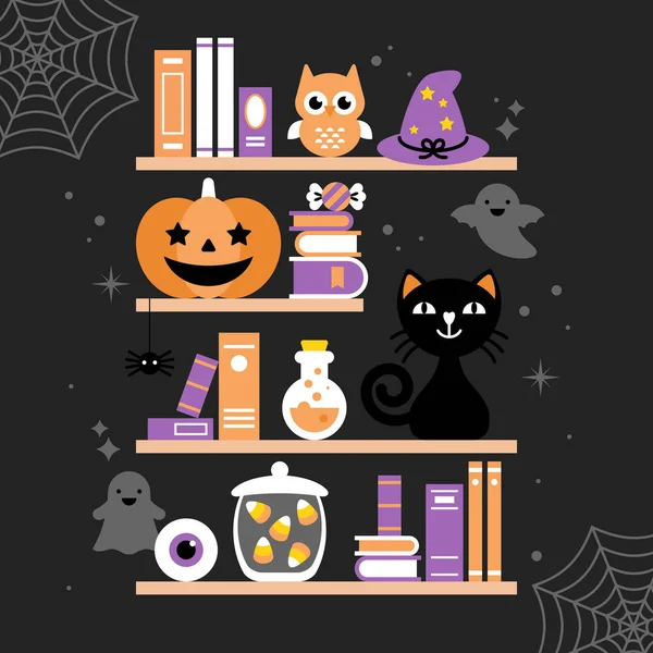 Kitap raf ve deco ile Halloween tatil tebrik kartı tasarımı