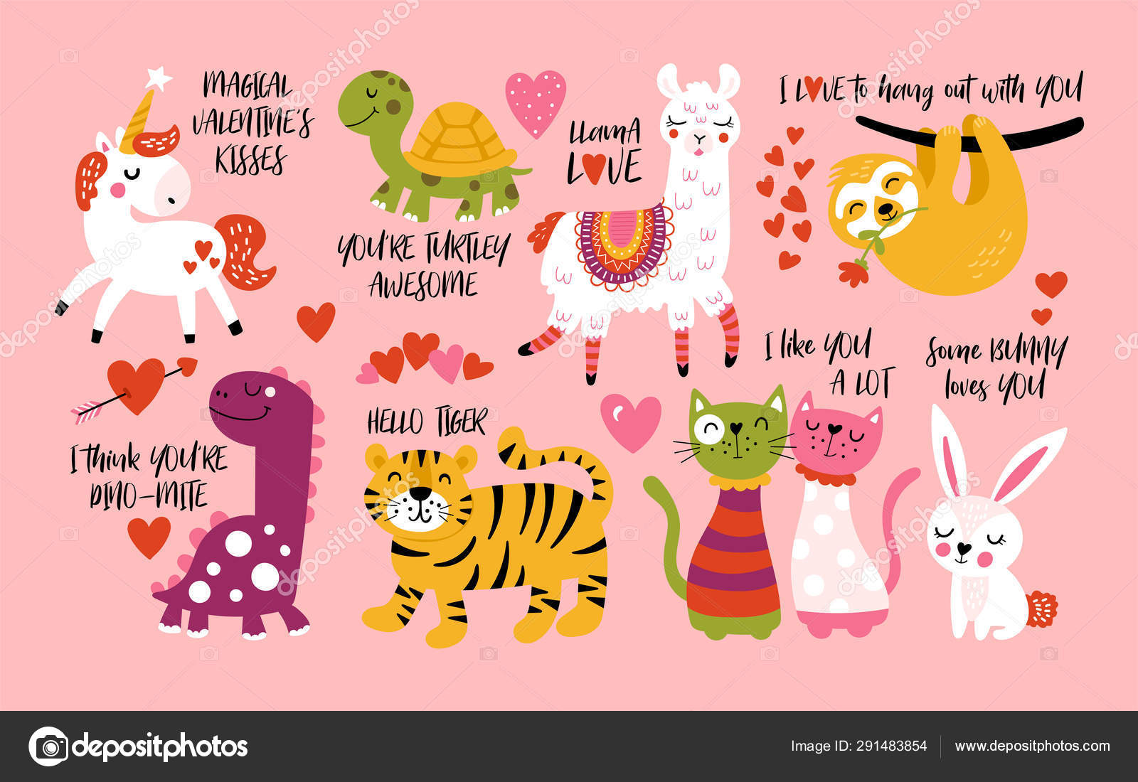 Valentine's day cute animals set with llama, sloth, unicorn, cat Stock  Vector by ©girafchik 291483854, image size:1600x1100