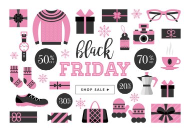 Alışveriş simgeleri seti ile Black Friday satış afiş tasarımı. Vektör 