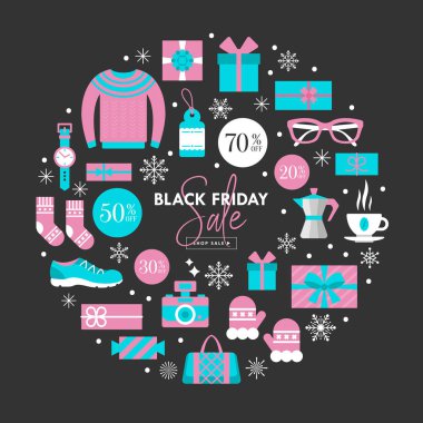 Alışveriş simgeleri seti ile Black Friday satış afiş tasarımı