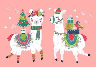 Sevimli lama karakteri Noel kartı