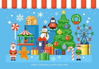 Noel ağacı, oyuncaklar ve hediye b ile Noel oyuncak dükkanı kavramı
