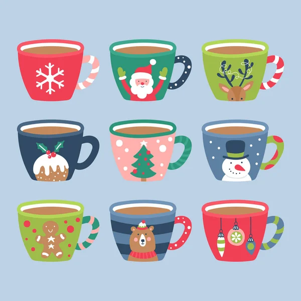 Navidad vacaciones lindo cacao chocolate taza elementos conjunto . — Archivo Imágenes Vectoriales