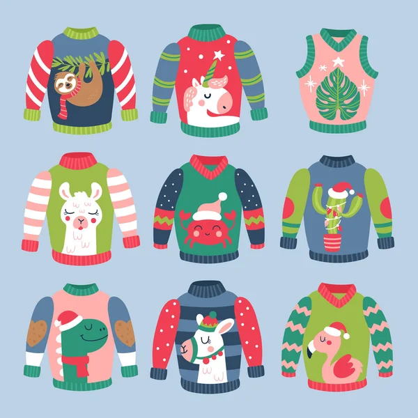 Рождественский праздник милые уродливые элементы свитера набор — стоковый вектор