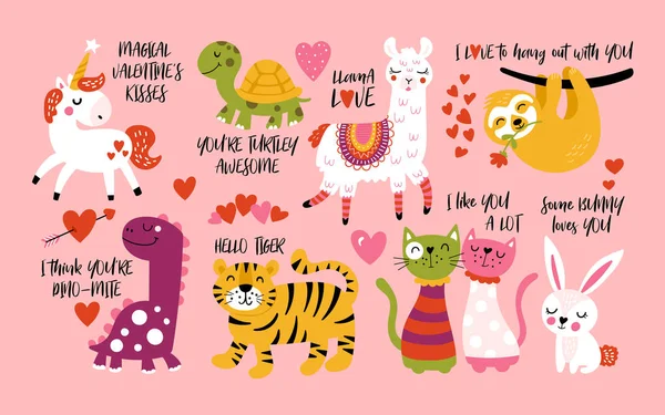 День Святого Валентина милые животные в комплекте с ламой, ленивец, единорог, кошка — стоковый вектор