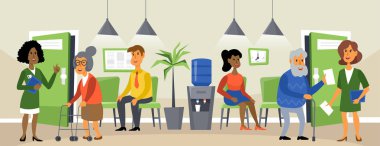 Doktor doktor bekleyen hastalarla klinik resepsiyon konsepti