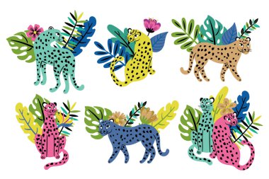 Çiçek ve yaprakları ile Tropikal yaz sevimli leopar.