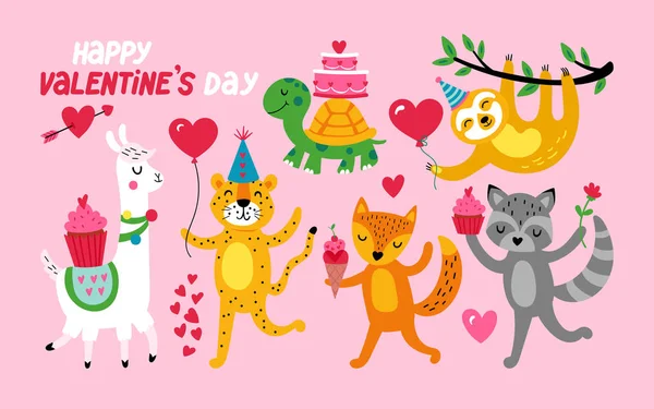 Día de San Valentín animales lindos conjunto — Vector de stock