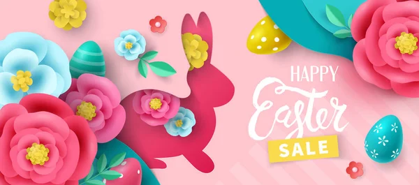 Пасхальный праздник продажи баннер дизайн с бумагой срезанные цветы, кролик — стоковый вектор