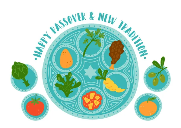 Pâque vacances mignonne plaque de seder traditionnelle avec une nouvelle tradition — Image vectorielle