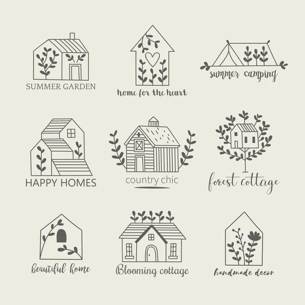 Σπίτι, σπίτι, εξοχική κατοικία και πρότυπο λογότυπο αγρόκτημα με σχέδιο χέρι IC — Διανυσματικό Αρχείο