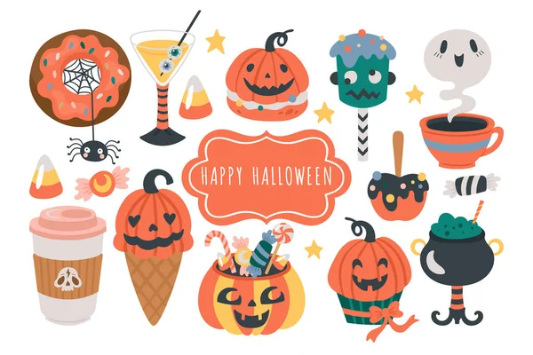 Halloween feriado bonito comida e bebidas conjunto . — Vetor de Stock