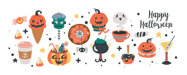 Halloween vacances nourriture mignonne et boissons ensemble . — Image vectorielle