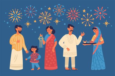 Sevimli insanlar char ile Diwali Hindu festivali tebrik kartı tasarımı