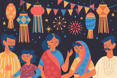 Sevimli insanlar char ile Diwali Hindu festivali tebrik kartı tasarımı