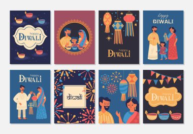 Diwali Hindu festivali tebrik kartı tasarım seti.  