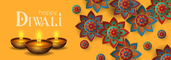 Diwali hinduiska festivalen banner design med papper konst rangoli och d — Stock vektor