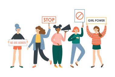 Kadın protestocular ve feminizm aktivistleri pankart tutuyorlar. Kadın.