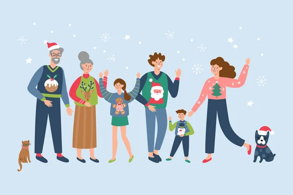 Bonne grande famille en pulls laids célébrant Noël et Nouveau — Image vectorielle