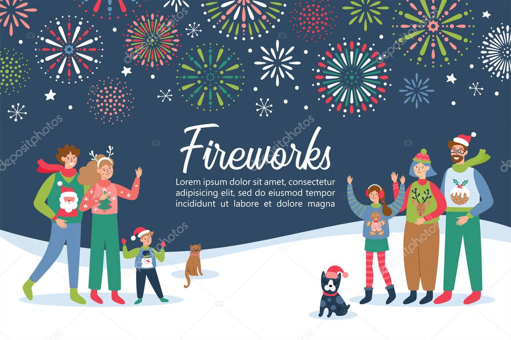 Fireworks festival invitation with happy families celebrating Ne