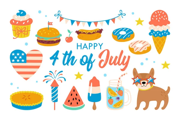 4Th July Usa Independence Day Cute Elements Set Childish Print — Stock Vector