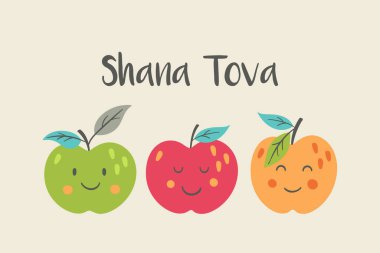 Rosh Hashanah tatili için tatlı elmalar. Tebrik kartları, çıkartmalar ve parti davetiyeleri için çocuksu yazılar