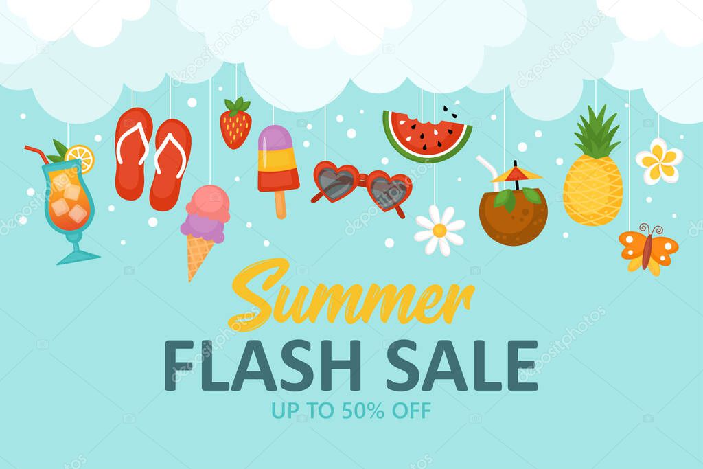 Summer background for social media, banner or poster design. Flat style cartoon illustration