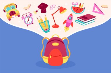 Güzel sırt çantası ve okul eşyalarıyla okul konseptine geri dönelim. Kartlar, posterler, davetiyeler ve afişler için çocukça bir baskı. Vektör İllüstrasyonu