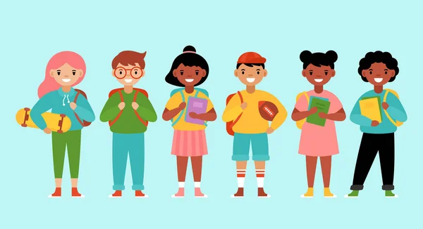 Concepto Vuelta Escuela Con Lindos Estudiantes Diversidad Ilustración Vector Dibujos — Vector de stock