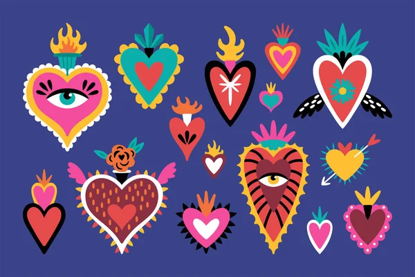 Lindo Conjunto Corazones Sagrados Mexicanos Para Fiesta Del Día Los — Vector de stock