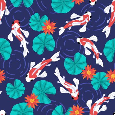 Şirin sazan balığı ve nilüfer çiçeğiyle kusursuz desen. Kumaş, ambalaj kağıdı, tekstil, duvar kağıdı ve giysi için çocuksu bir altyapı.