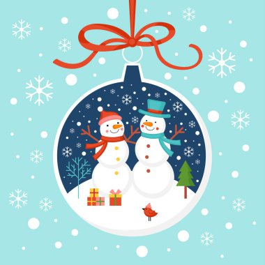 Kardan adam karakterleri ve takıları olan mutlu noel tebrik kartı tasarımları. Düz stil çizgi film çizimi