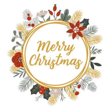 Noel tatili ve çiçeklerle dolu şirin bir tebrik kartı. Kartlar, hediye etiketleri, afişler ve davetiyeler için çocukça bir baskı. Vektör İllüstrasyonu