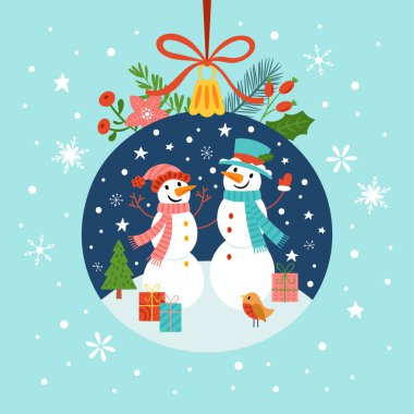 İçinde sevimli kardan adam karakteri ve takı olan Noel gebe kalma kartı. Kartlar, davetiyeler, afişler ve afişler için çocukça bir baskı. Vektör İllüstrasyonu