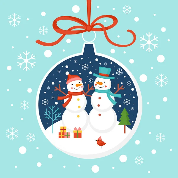 Kardan adam karakterleri ve takıları olan mutlu noel tebrik kartı tasarımları. Düz stil çizgi film çizimi