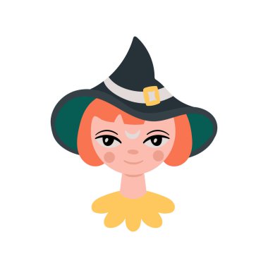 Cadılar Bayramı şirin cadı kız portresi. Kartlar, çıkartmalar, aparatlar ve parti davetiyeleri için çocukça bir baskı. Vektör illüstrasyonu