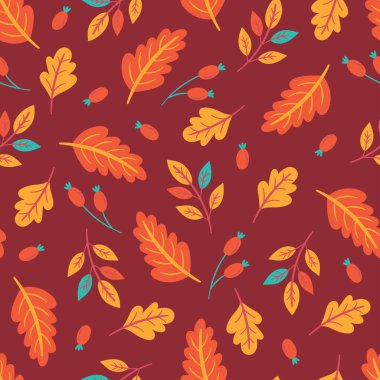 Sonbahar mevsimi için yapraklar ve böğürtlenlerle kusursuz desen. Kumaş, ambalaj kağıdı, tekstil, duvar kağıdı ve giysi için çocukça bir geçmiş. Vektör İllüstrasyonu