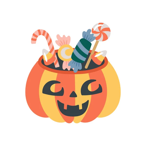 Halloween Holiday Cute Jack Lantern Pumpkin Bucket Candy Childish Print — Stock Vector