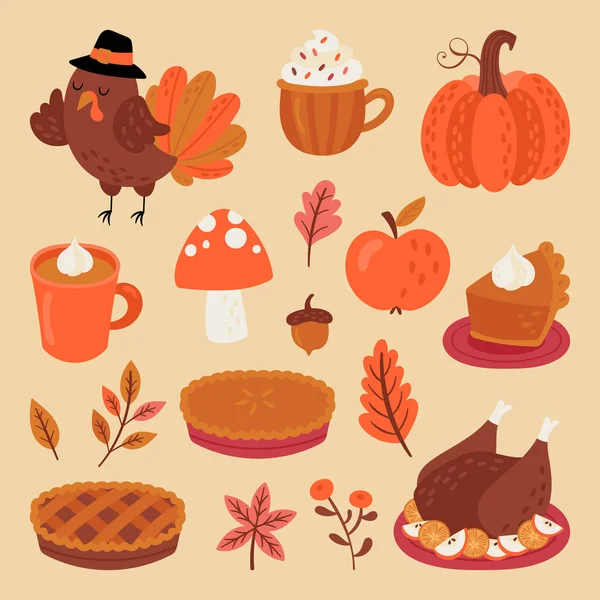 Thanksgiving Holiday Cute Elements Set Childish Print Cards Stickers Party — Stock Vector