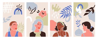 Sosyal medya, akıllı telefon duvar kâğıdı ve tebrik kartları için modern kadın portresi. El çizimi vektör illüstrasyonu