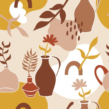 Soyut şekilli kusursuz desen, ev dekoru vazosu ve yapraklar. Kumaş, ambalaj kağıdı, tekstil, duvar kağıdı ve giysi için çocukça bir geçmiş. Vektör İllüstrasyonu