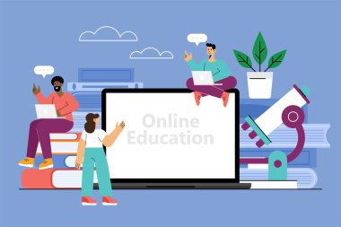 Dizüstü bilgisayar, kitaplar ve öğrencilerle çevrimiçi eğitim kavramı. Vektör illüstrasyonu