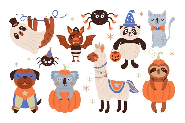 Halloween Vacances Animaux Mignons Costumes Ensemble Impression Enfantine Pour Cartes — Image vectorielle