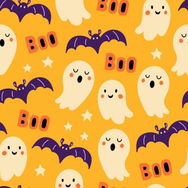 Tatlı hayalet ve yarasayla Cadılar Bayramı tatili için kusursuz bir model. Kumaş, ambalaj kağıdı, tekstil, duvar kağıdı ve giysi için çocukça bir geçmiş. Vektör İllüstrasyonu