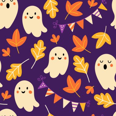 Tatlı hayalet ve sonbahar yapraklarıyla Cadılar Bayramı tatili için kusursuz bir desen. Kumaş, ambalaj kağıdı, tekstil, duvar kağıdı ve giysi için çocukça bir geçmiş. Vektör İllüstrasyonu