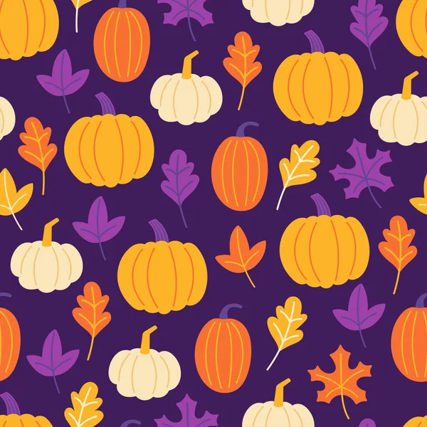 Seamless Pattern Autumn Season Pumpkin Fall Leaves Childish Background Fabric — Stock Vector