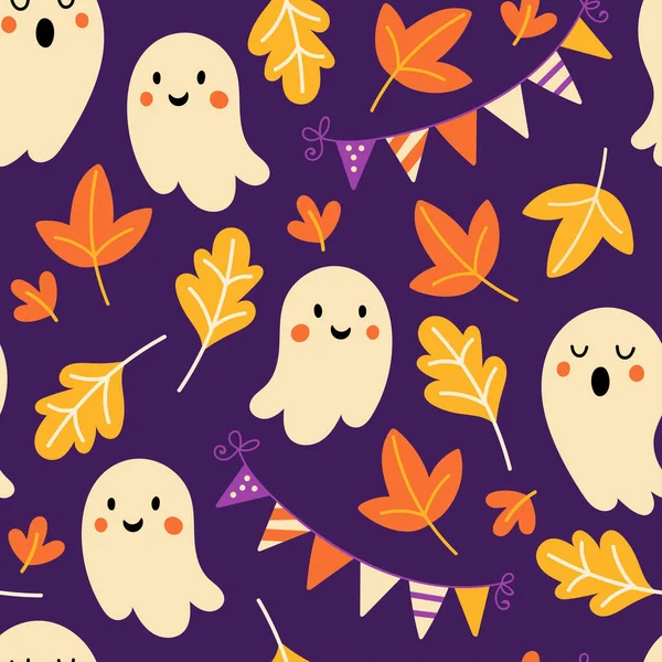Tatlı hayalet ve sonbahar yapraklarıyla Cadılar Bayramı tatili için kusursuz bir desen. Kumaş, ambalaj kağıdı, tekstil, duvar kağıdı ve giysi için çocukça bir geçmiş. Vektör İllüstrasyonu