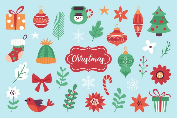 Natal Feriado Conjunto Elementos Bonitos Impressão Infantil Para Cartões Adesivos — Vetor de Stock