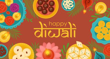 Diwali Hindu festivali konsepti, Hint lambaları, tatlı tatlı yiyecekler ve mumlar. Vektör illüstrasyonu