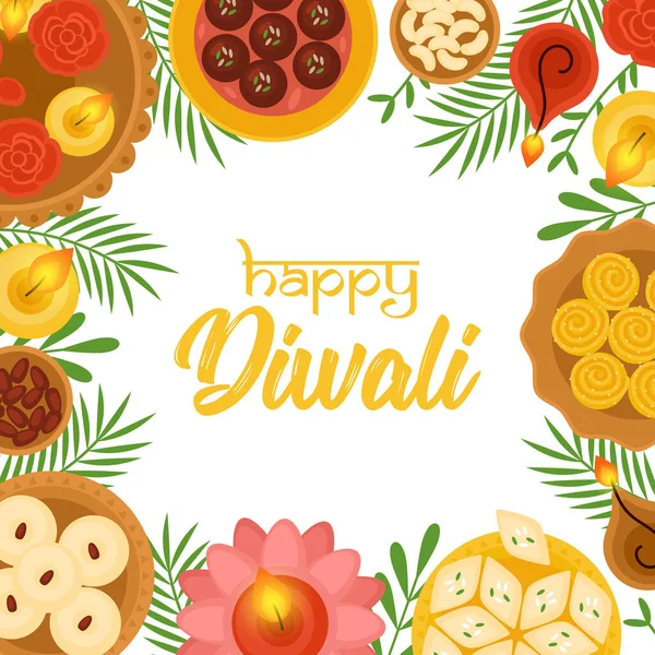 Diwali Hindu Festivali Konsepti Hint Lambaları Tatlı Tatlı Yiyecekler Mumlar — Stok Vektör